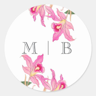 Elegant Pink Orchid Blooms Initials Monogram Classic Round Sticker
