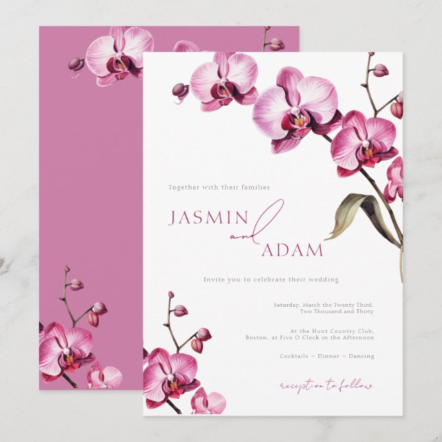 Elegant Pink Orchid Wedding Invitation (Front/Back)