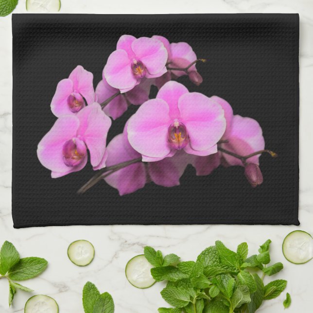 Elegant Pink Orchids Phalaenopsis on Black Tea Towel (Folded)