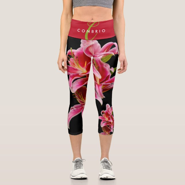 Elegant Pink Oriental Lilies Capri Leggings (Front)