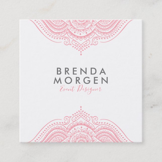 Elegant Pink Paisley Mandala Square Business Card (Front)
