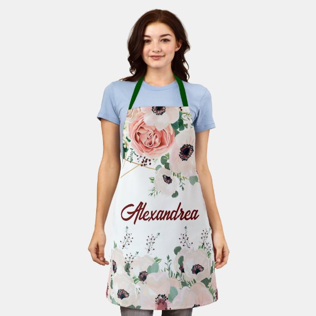 Elegant Pink Pastel Flowers Watercolor Personalize Apron (Worn)