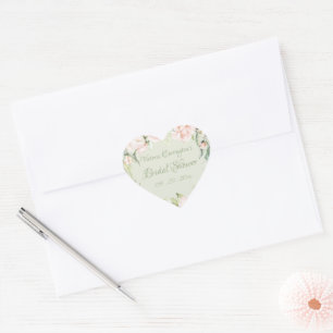 Elegant Pink & Pastel Green Floral Bridal Shower Heart Sticker
