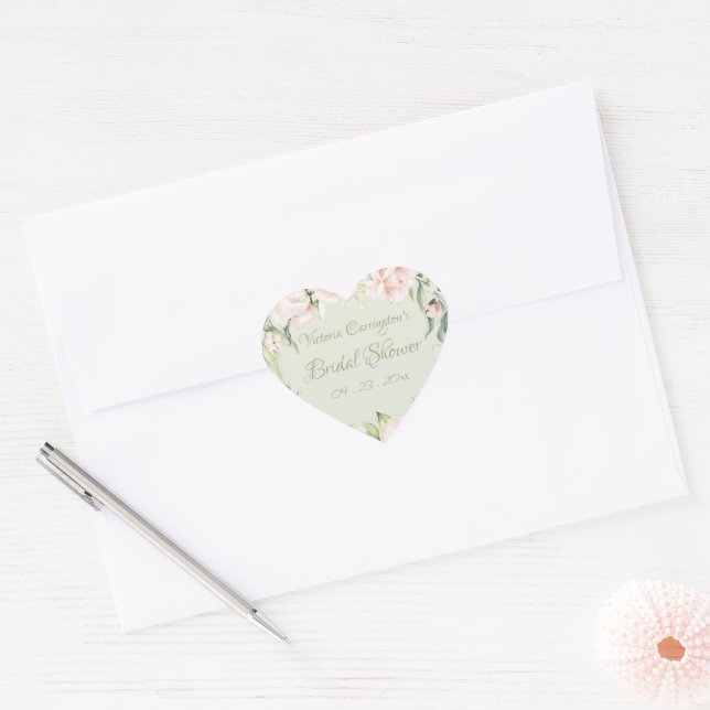 Elegant Pink & Pastel Green Floral Bridal Shower  Heart Sticker (Envelope)