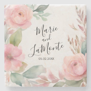 Elegant Pink Pastel Watercolor Floral Wedding Stone Coaster