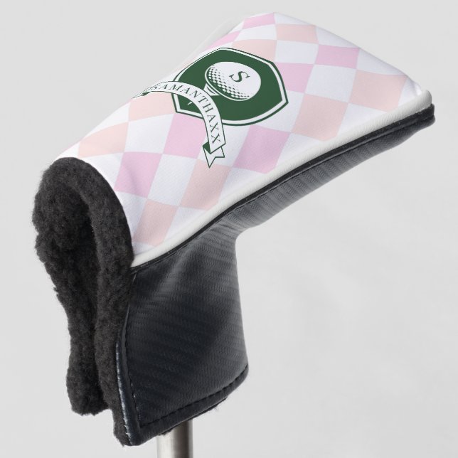 Elegant Pink Pattern Green Golfer Name Monogram Golf Head Cover (3/4 Front)
