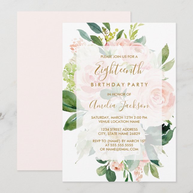 Elegant Pink Peach Bloom 18th Birthday Party Invitation (Front/Back)