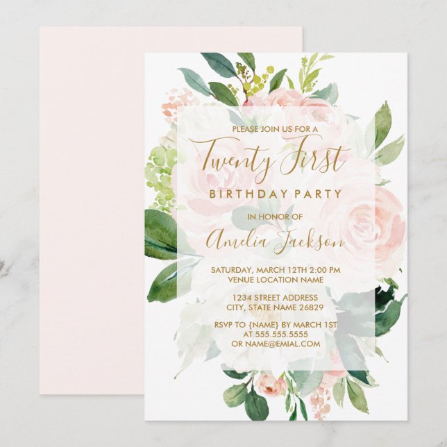 Elegant Pink Peach Bloom 21st Birthday Party Invitation (Front/Back)