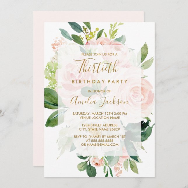 Elegant Pink Peach Bloom 30th Birthday Party Invitation (Front/Back)