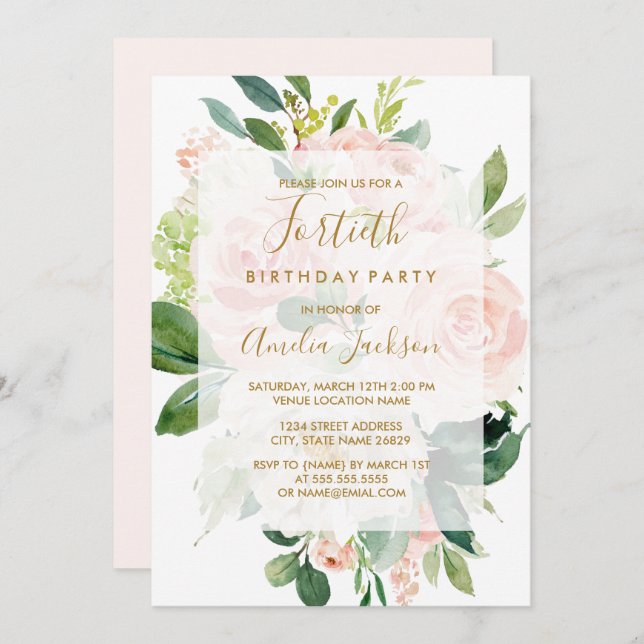 Elegant Pink Peach Bloom 40th Birthday Party Invitation (Front/Back)