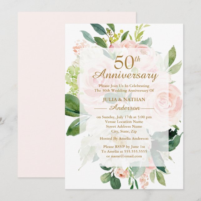 Elegant Pink Peach Bloom 50th Wedding Anniversary Invitation (Front/Back)