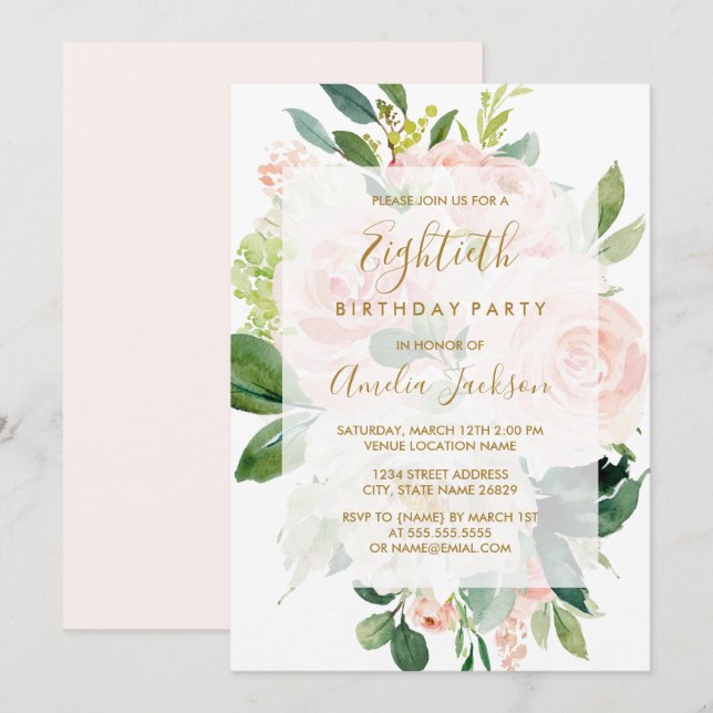 Elegant Pink Peach Bloom 80th Birthday Party Invitation (Front/Back)