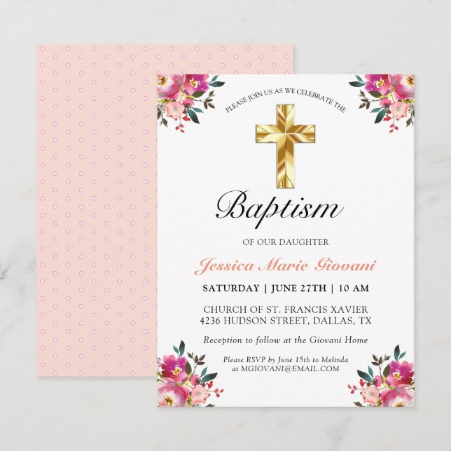 Elegant Pink Peach Floral Gold Cross Baptism Card (Front/Back)