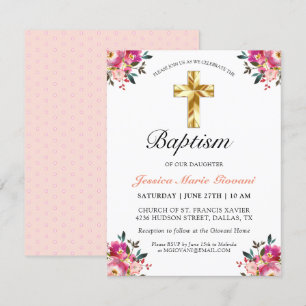 Elegant Pink Peach Floral Gold Cross Baptism Card