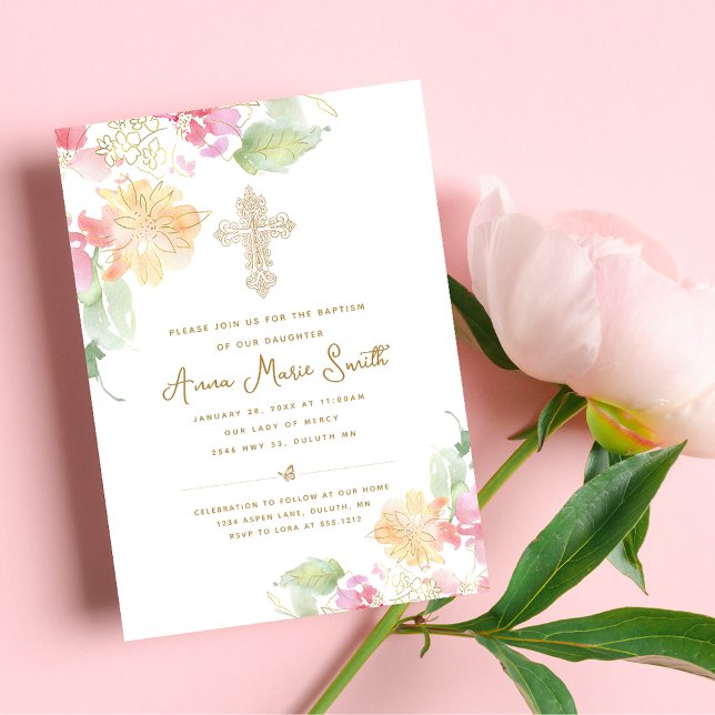 Elegant Pink Peach Floral Ornate Cross Baptism Invitation (Creator Uploaded)