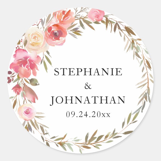 Elegant Pink Peach Floral Watercolor Classic Round Sticker (Front)