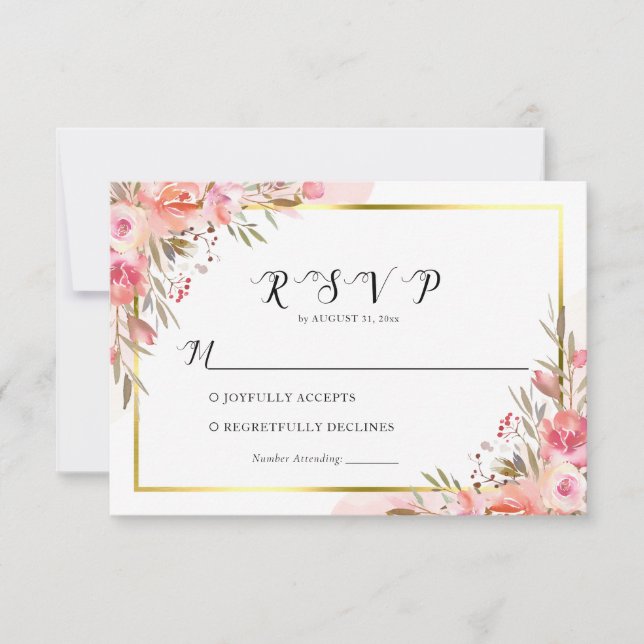 Elegant Pink Peach Floral Watercolor Gold RSVP (Front)