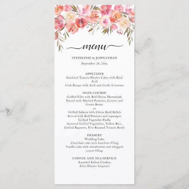 Elegant Pink Peach Floral Watercolor Gold Wedding  Menu (Front)