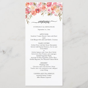 Elegant Pink Peach Floral Watercolor Gold Wedding Menu