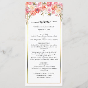 Elegant Pink Peach Floral Watercolor Gold Wedding Menu