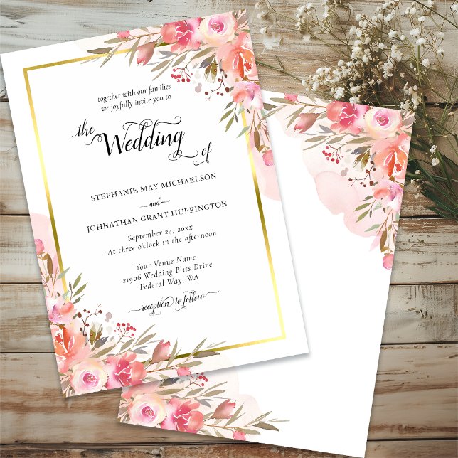 Elegant Pink Peach Floral Watercolor Wedding Gold Invitation (Elegant Pink Peach Floral Watercolor Wedding Gold Invitation)