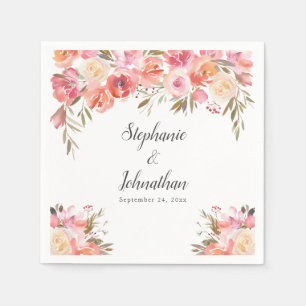 Elegant Pink Peach Floral Watercolor Wedding Napkin