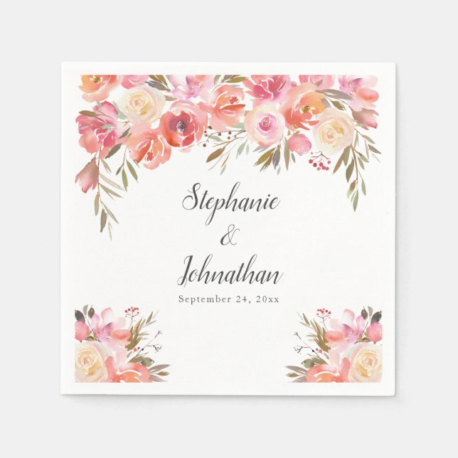 Elegant Pink Peach Floral Watercolor Wedding Napkin (Front)