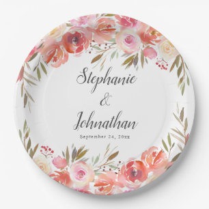 Elegant Pink Peach Floral Watercolor Wedding Paper Plate
