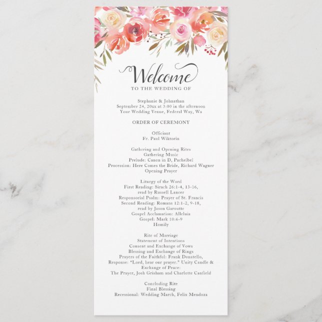 Elegant Pink Peach Floral Watercolor Wedding Programme (Front)