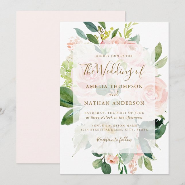 Elegant Pink Peach Gold Bloom Wedding Invitation (Front/Back)