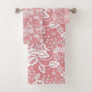 ELEGANT PINK PEACH LACE BATHROOM TOWEL SET