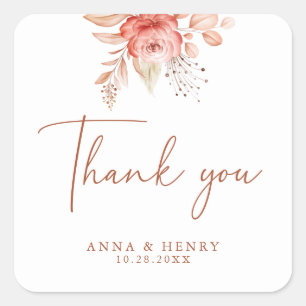 Elegant Pink Peach Watercolor Floral Wedding Square Sticker