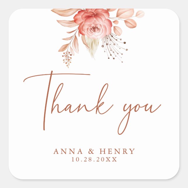 Elegant Pink Peach Watercolor Floral Wedding Square Sticker (Front)
