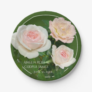 Elegant pink peach white roses floral paper plate