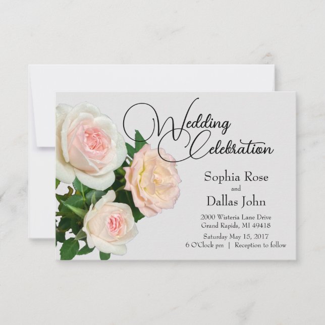 Elegant pink peach white roses invitation (Front)