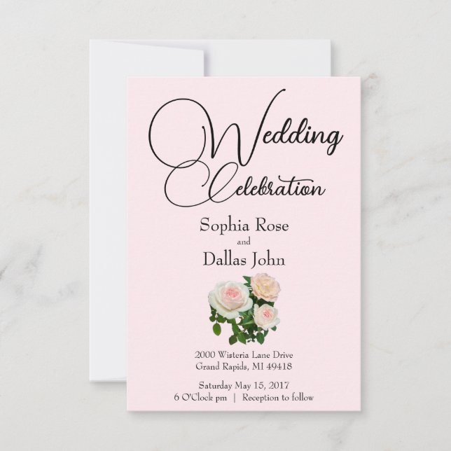 Elegant pink peach white roses invitation (Front)