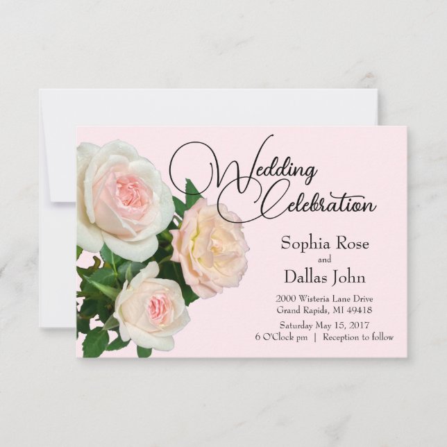 Elegant pink peach white roses invitation (Front)