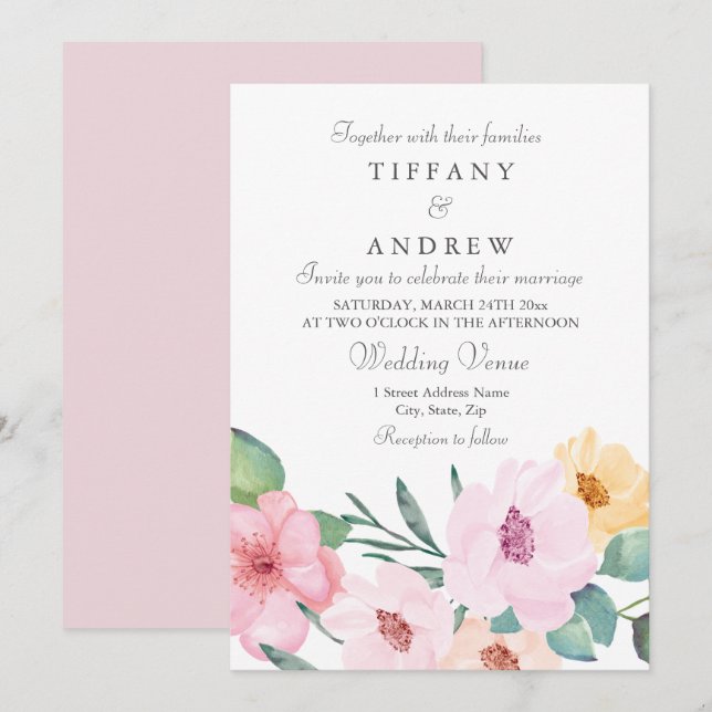 Elegant Pink Peach Yellow Floral Wedding Invite (Front/Back)