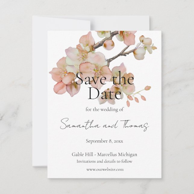 Elegant pink peachy watercolor floral greenery save the date (Front)
