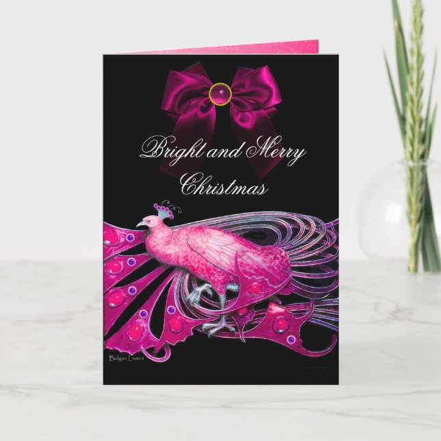 ELEGANT PINK PEACOCK, GEM STONES AND CHRISTMAS BOW HOLIDAY CARD (Front)