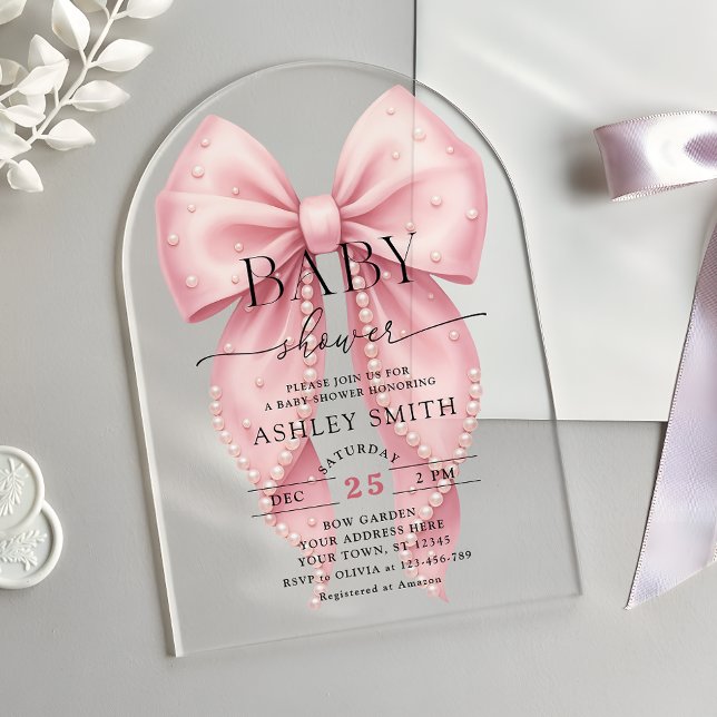 Elegant Pink Pearl Bow Baby Shower Acrylic Invitations (Creator Uploaded)