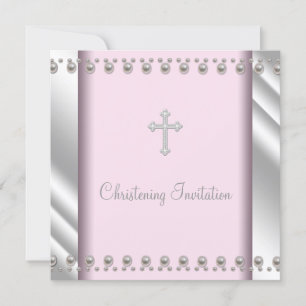 Elegant Pink Pearl Cross Christening Invitation