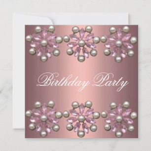 Elegant Pink Pearl & Gem Birthday Invitation