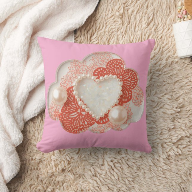 Elegant Pink Pearl Heart and Coral Lace 3D Illusio Cushion (Blanket)