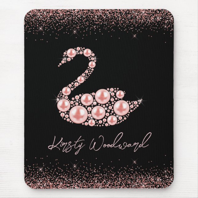 Elegant Pink Pearl Swan on Black Background Mouse Mat (Front)