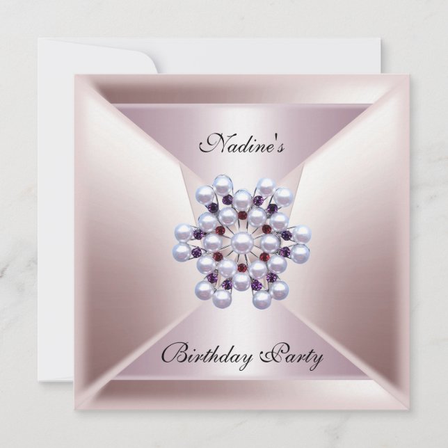 Elegant Pink Pearl White Jewel Birthday Invitation (Front)