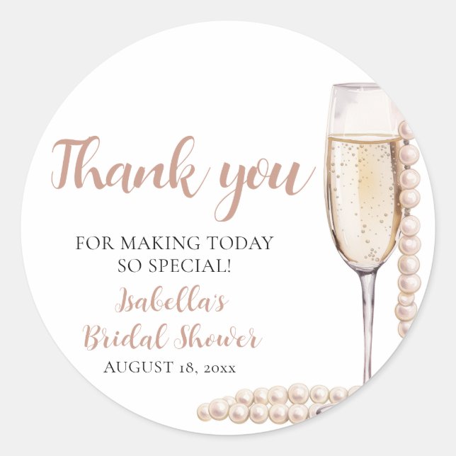 Elegant Pink Pearls and Prosecco Bridal Shower Classic Round Sticker (Front)