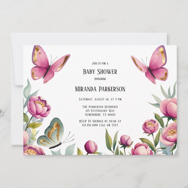 Elegant Pink Peonies & Butterfly Girl Baby Shower Invitation (Front)