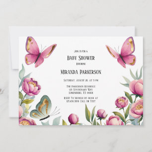 Elegant Pink Peonies & Butterfly Girl Baby Shower Invitation