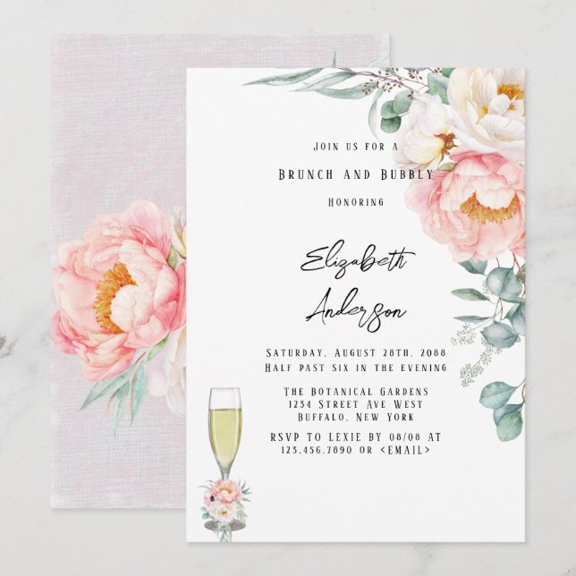 Elegant Pink Peonies Eucalyptus Brunch and Bubbly Invitation (Front/Back)